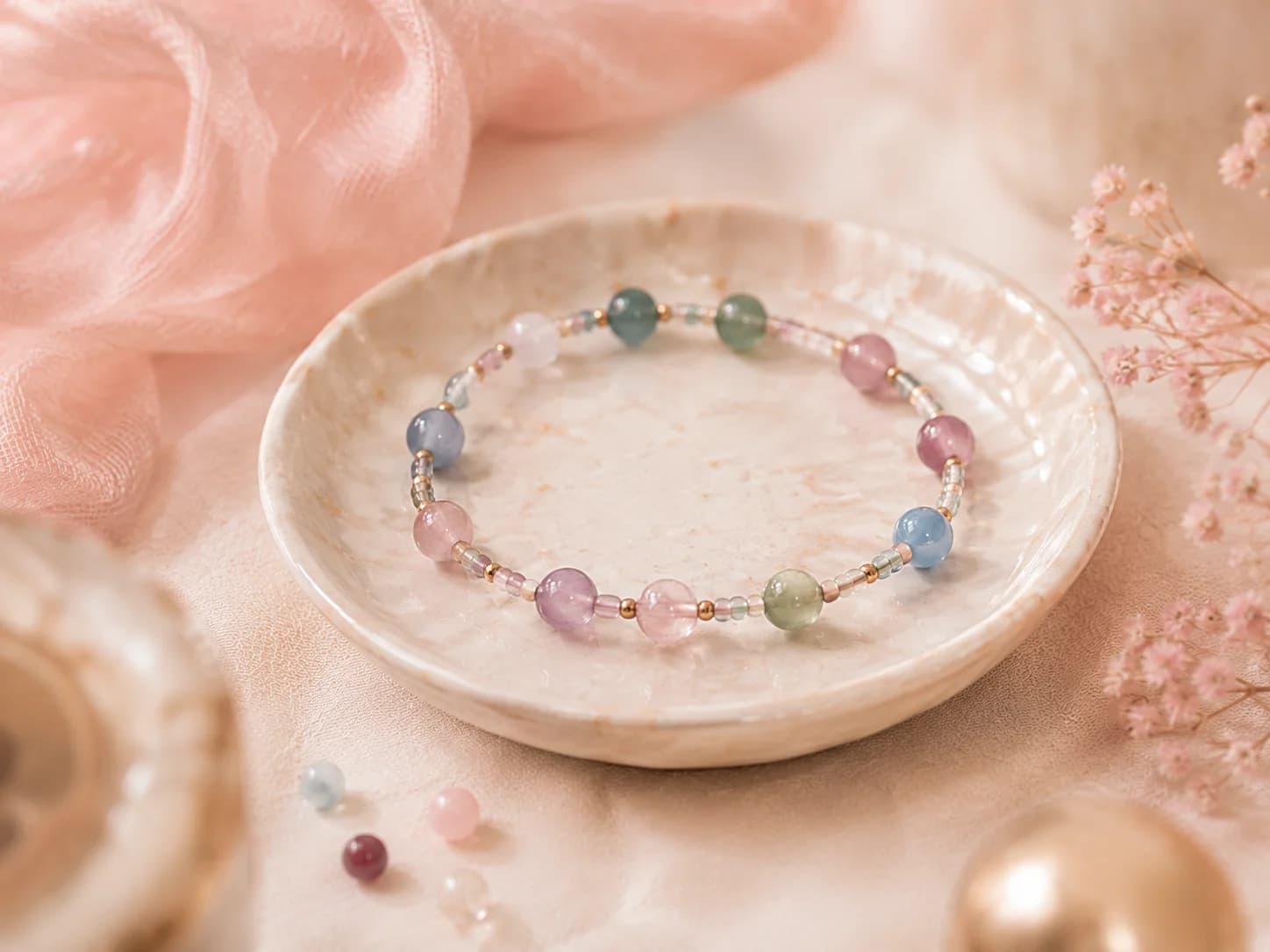 A beaded bracelet resting in a small ceramic dish